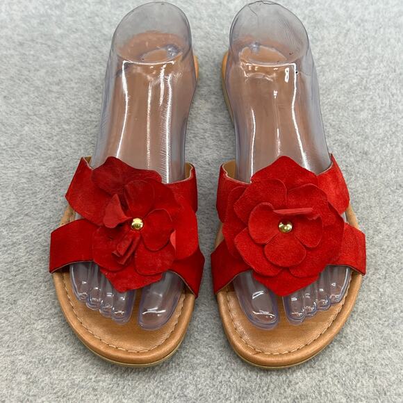 Mila Paoli Floral Suede Leather Slip On Flat Slide Sandal-Red Flower-Women 9.5 - Picture 2 of 13